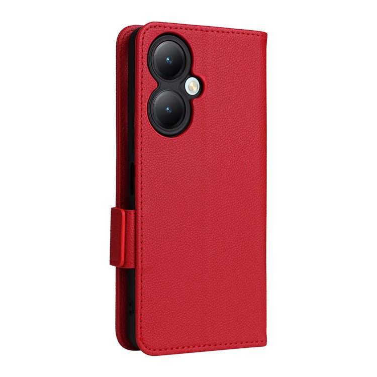 For vivo Y35m+ 5G / Y35+ 5G / Y27 4G Litchi Texture Phone Shell PU Leather Wallet Stand Anti-drop Cover with Strap - Red