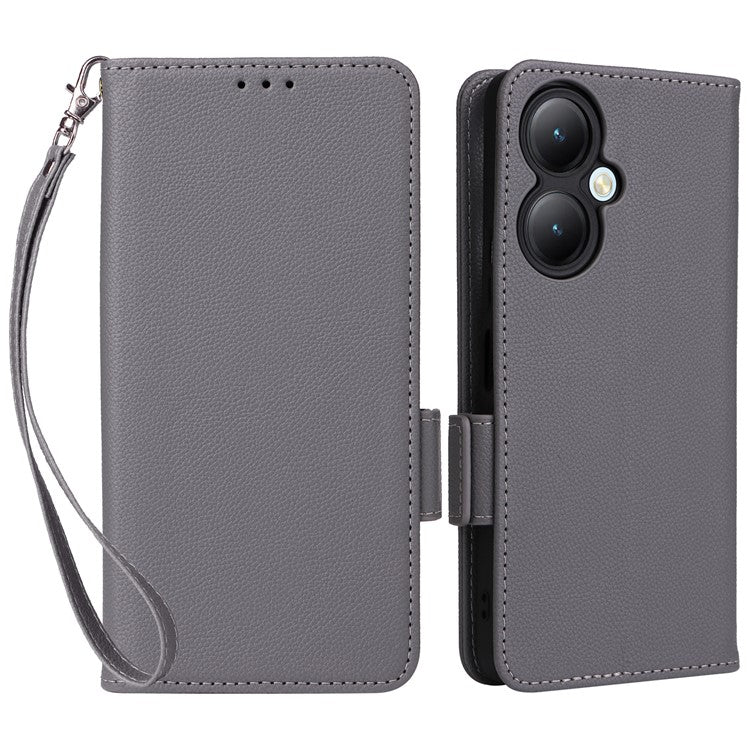 For vivo Y35m+ 5G / Y35+ 5G / Y27 4G Litchi Texture Phone Shell PU Leather Wallet Stand Anti-drop Cover with Strap - Grey