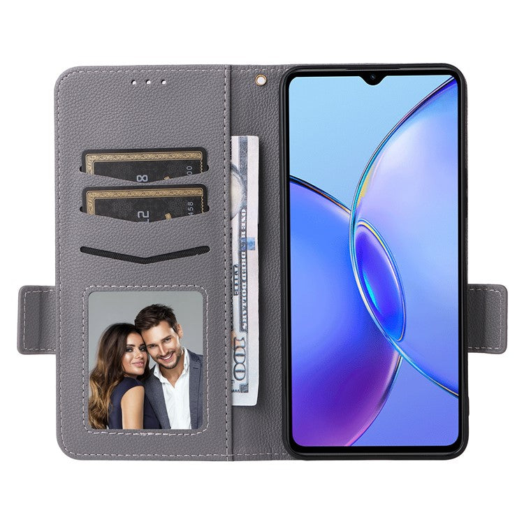 For vivo Y35m+ 5G / Y35+ 5G / Y27 4G Litchi Texture Phone Shell PU Leather Wallet Stand Anti-drop Cover with Strap - Grey