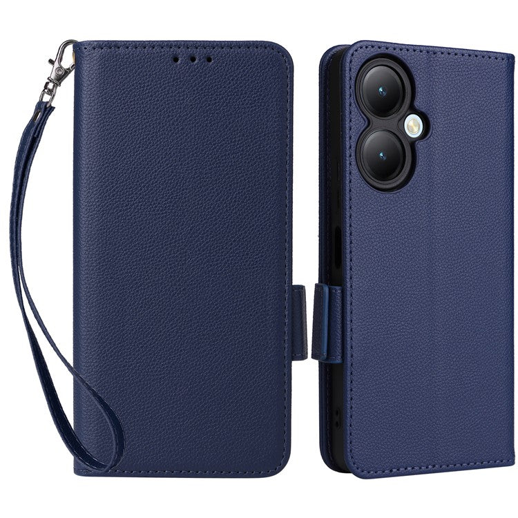 For vivo Y35m+ 5G / Y35+ 5G / Y27 4G Litchi Texture Phone Shell PU Leather Wallet Stand Anti-drop Cover with Strap - Dark Blue