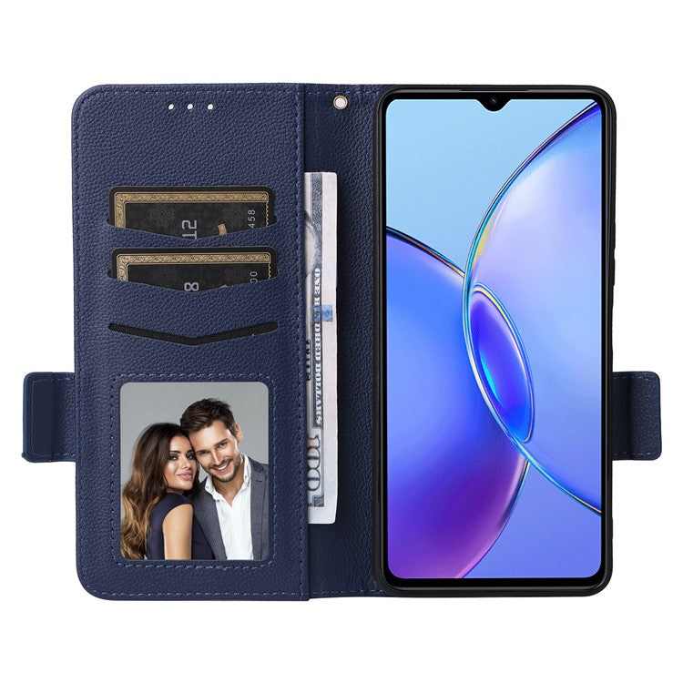 For vivo Y35m+ 5G / Y35+ 5G / Y27 4G Litchi Texture Phone Shell PU Leather Wallet Stand Anti-drop Cover with Strap - Dark Blue