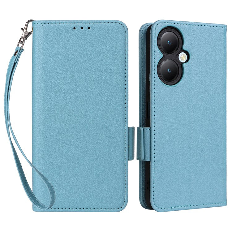 For vivo Y35m+ 5G / Y35+ 5G / Y27 4G Litchi Texture Phone Shell PU Leather Wallet Stand Anti-drop Cover with Strap - Baby Blue