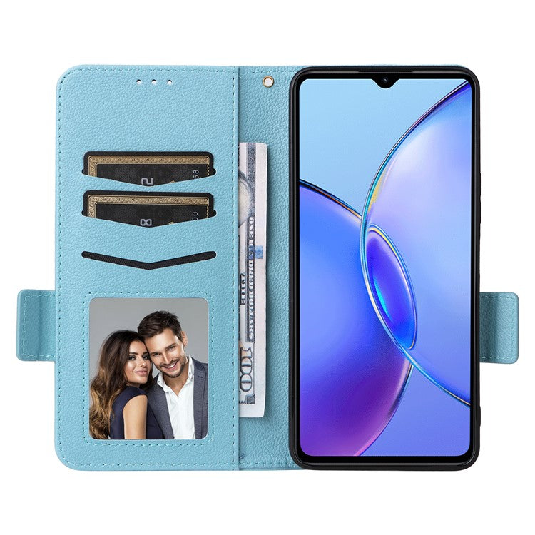 For vivo Y35m+ 5G / Y35+ 5G / Y27 4G Litchi Texture Phone Shell PU Leather Wallet Stand Anti-drop Cover with Strap - Baby Blue