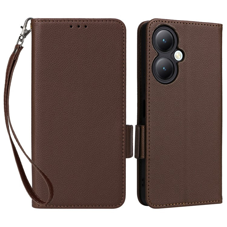 For vivo Y35m+ 5G / Y35+ 5G / Y27 4G Litchi Texture Phone Shell PU Leather Wallet Stand Anti-drop Cover with Strap - Brown