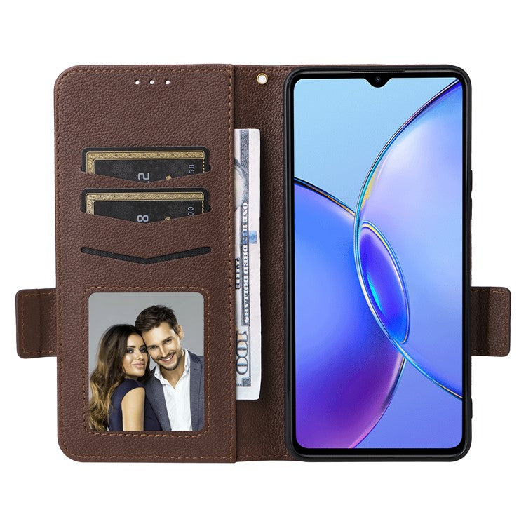 For vivo Y35m+ 5G / Y35+ 5G / Y27 4G Litchi Texture Phone Shell PU Leather Wallet Stand Anti-drop Cover with Strap - Brown