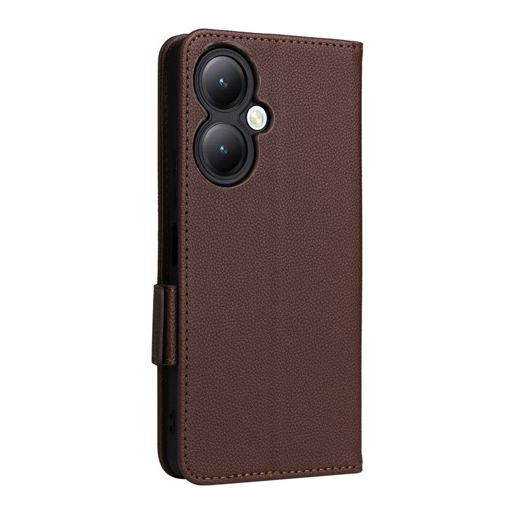 For vivo Y35m+ 5G / Y35+ 5G / Y27 4G Litchi Texture Phone Shell PU Leather Wallet Stand Anti-drop Cover with Strap - Brown