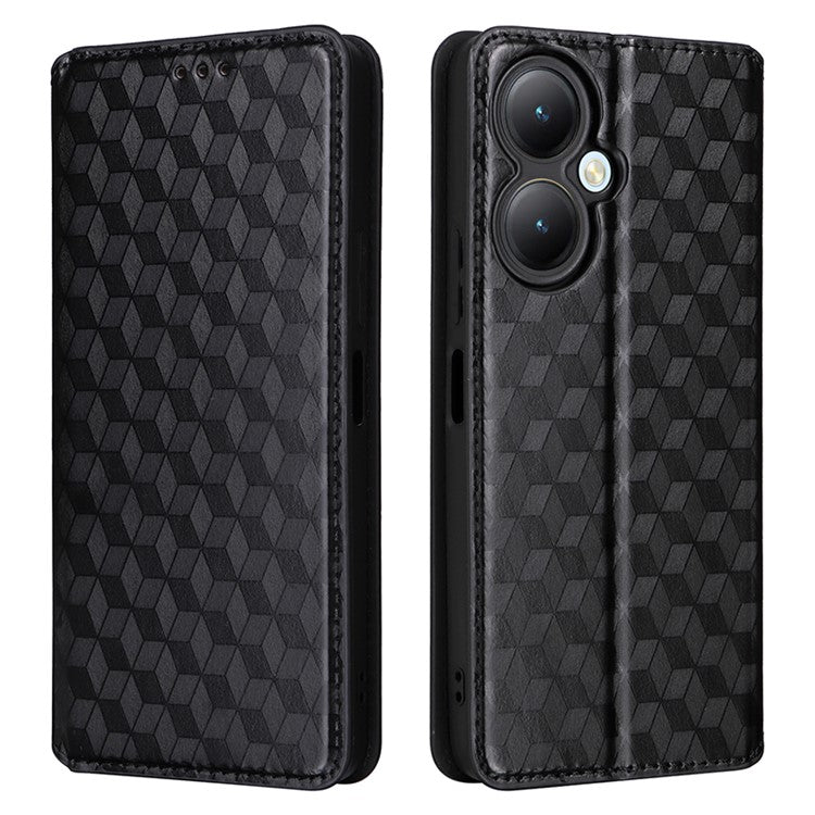 For vivo Y35+ 5G / Y35m+ 5G / Y27 4G Rhombus Imprinted Wallet Case Leather Stand Phone Cover - Black