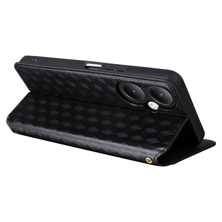 For vivo Y35+ 5G / Y35m+ 5G / Y27 4G Rhombus Imprinted Wallet Case Leather Stand Phone Cover - Black