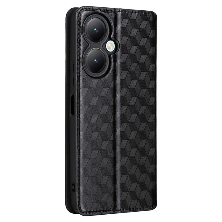 For vivo Y35+ 5G / Y35m+ 5G / Y27 4G Rhombus Imprinted Wallet Case Leather Stand Phone Cover - Black