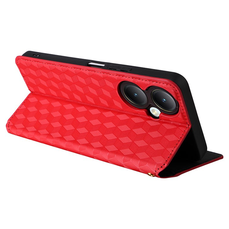 For vivo Y35+ 5G / Y35m+ 5G / Y27 4G Rhombus Imprinted Wallet Case Leather Stand Phone Cover - Red