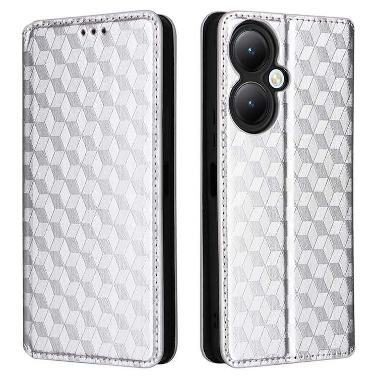 For vivo Y35+ 5G / Y35m+ 5G / Y27 4G Rhombus Imprinted Wallet Case Leather Stand Phone Cover - Silver