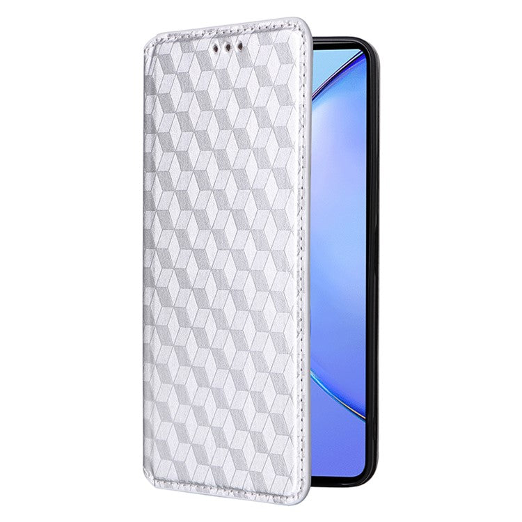 For vivo Y35+ 5G / Y35m+ 5G / Y27 4G Rhombus Imprinted Wallet Case Leather Stand Phone Cover - Silver