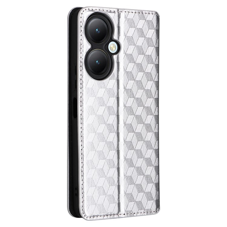 For vivo Y35+ 5G / Y35m+ 5G / Y27 4G Rhombus Imprinted Wallet Case Leather Stand Phone Cover - Silver