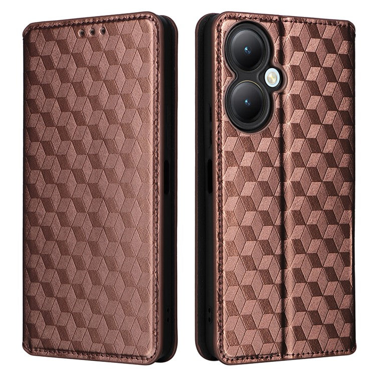 For vivo Y35+ 5G / Y35m+ 5G / Y27 4G Rhombus Imprinted Wallet Case Leather Stand Phone Cover - Brown