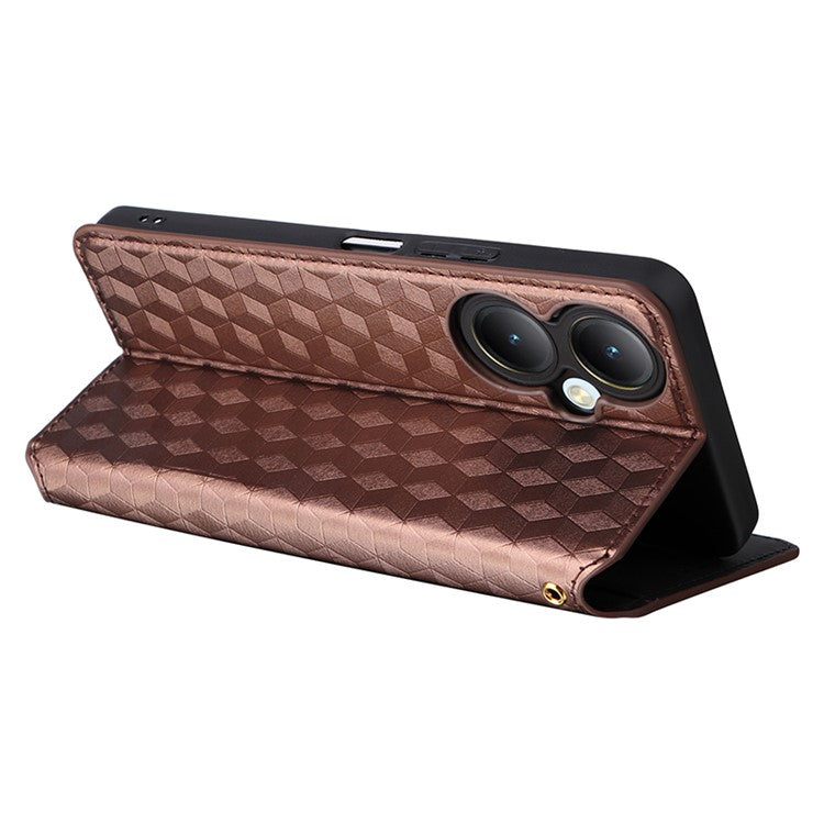 For vivo Y35+ 5G / Y35m+ 5G / Y27 4G Rhombus Imprinted Wallet Case Leather Stand Phone Cover - Brown