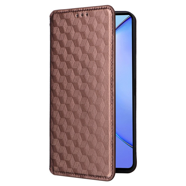 For vivo Y35+ 5G / Y35m+ 5G / Y27 4G Rhombus Imprinted Wallet Case Leather Stand Phone Cover - Brown