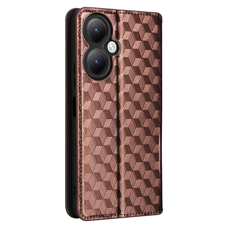 For vivo Y35+ 5G / Y35m+ 5G / Y27 4G Rhombus Imprinted Wallet Case Leather Stand Phone Cover - Brown