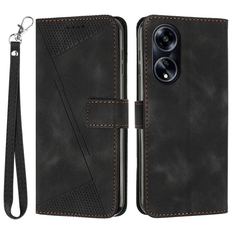 Wallet Phone Cover for Oppo A1 5G / A98 5G / F23 5G , Triangle Imprinted PU Leather+TPU Stand Case with Strap - Black