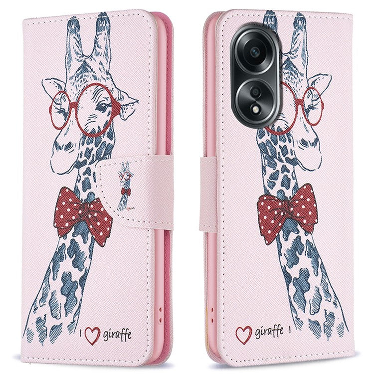 Wallet Phone Case for Oppo A58 4G / A98 5G Stand Pattern Printing PU Leather Flip Phone Cover - Giraffe