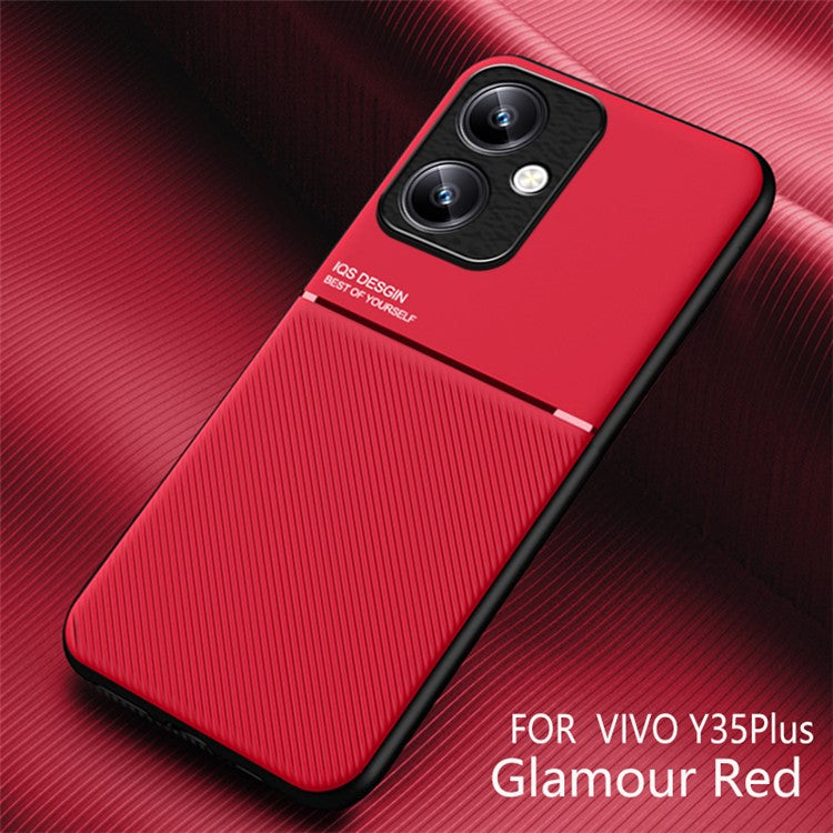 For vivo Y35+ 5G Phone Case Textured PU Leather+TPU Anti-Slip Cover with Fits Magnetic Car Mount - Red