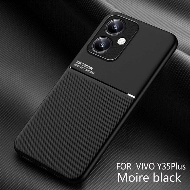 For vivo Y35+ 5G Phone Case Textured PU Leather+TPU Anti-Slip Cover with Fits Magnetic Car Mount - Black