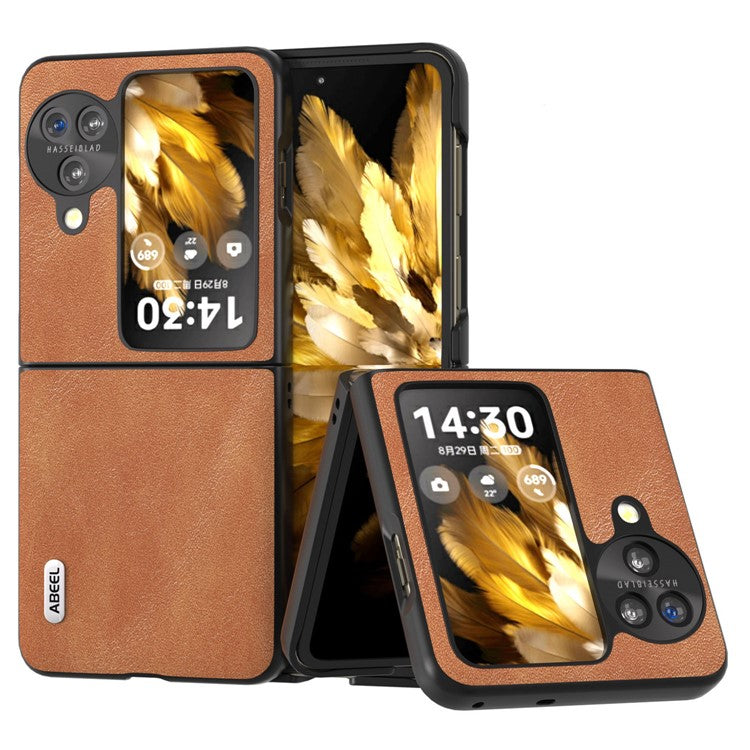 ABEEL Folding Phone Case for Oppo Find N3 Flip 5G , Cowhide Texture PU Leather Coated PC Phone Cover - Brown