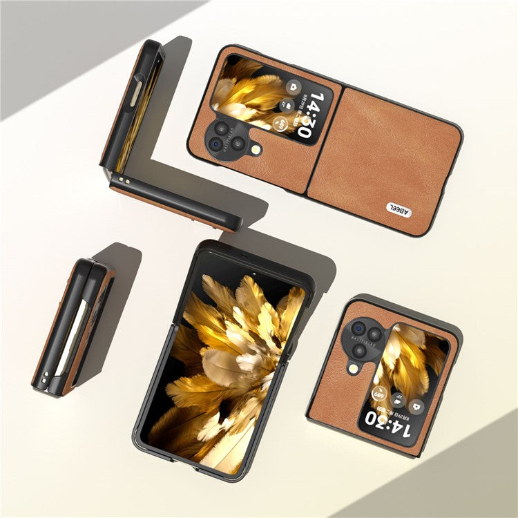 ABEEL Folding Phone Case for Oppo Find N3 Flip 5G , Cowhide Texture PU Leather Coated PC Phone Cover - Brown