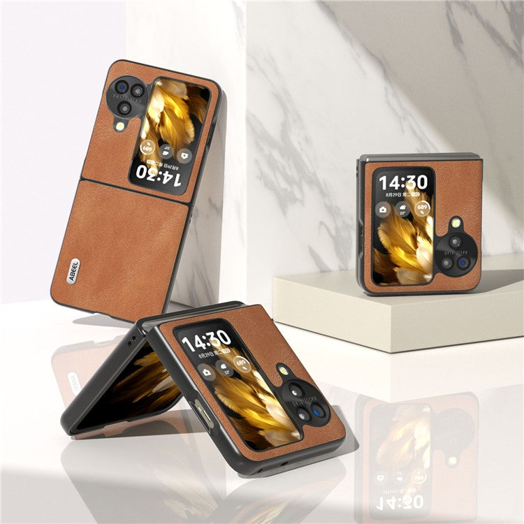 ABEEL Folding Phone Case for Oppo Find N3 Flip 5G , Cowhide Texture PU Leather Coated PC Phone Cover - Brown