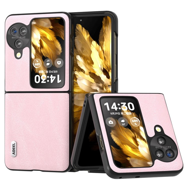 ABEEL Folding Phone Case for Oppo Find N3 Flip 5G , Cowhide Texture PU Leather Coated PC Phone Cover - Pink