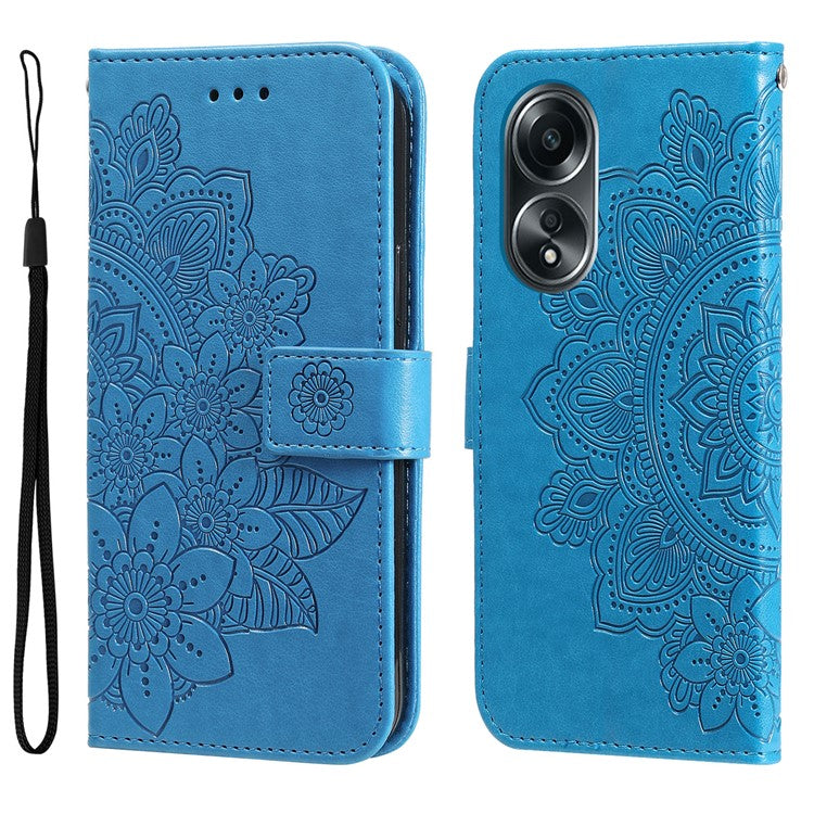 Wallet Stand Cover for Oppo A58 4G , Anti-Scratch Flower Imprint PU Leather Wallet Phone Case - Blue