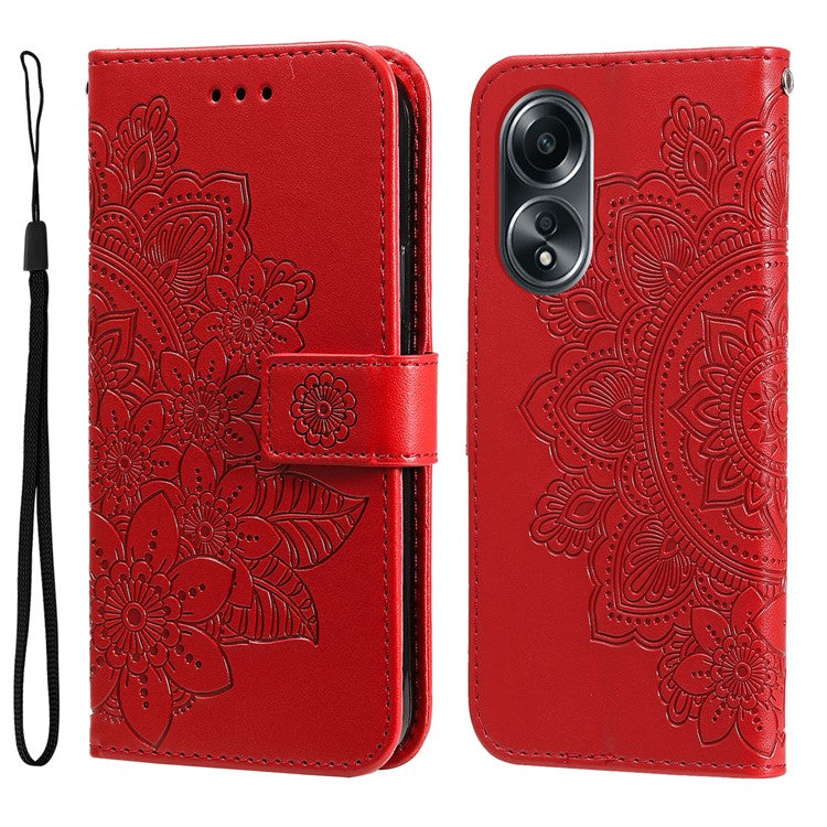 Wallet Stand Cover for Oppo A58 4G , Anti-Scratch Flower Imprint PU Leather Wallet Phone Case - Red