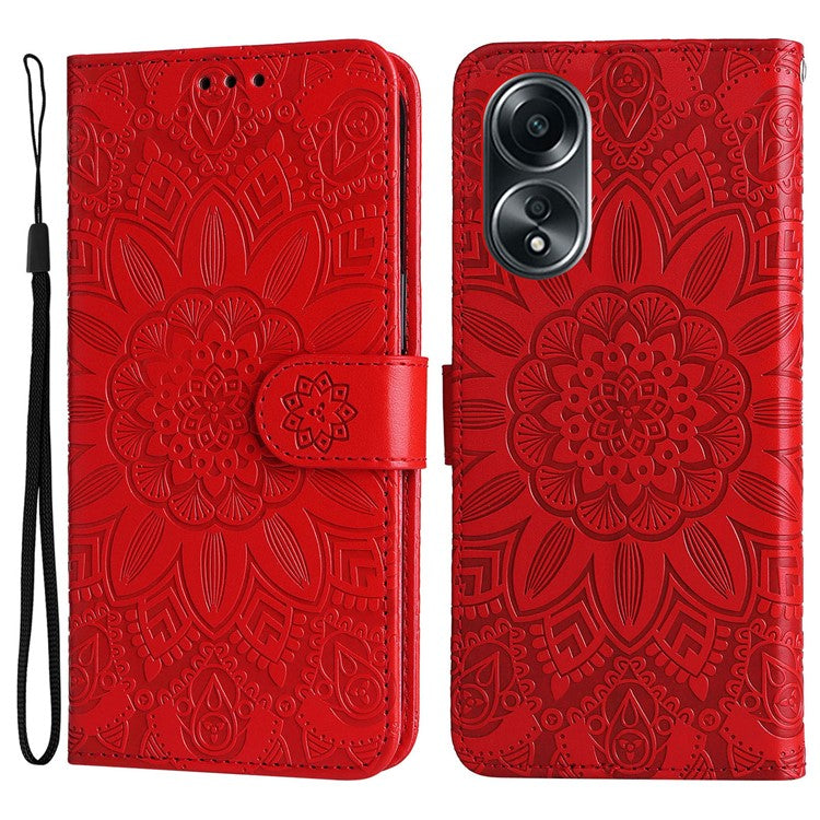 Mobile Phone Case for Oppo A58 4G , Wallet Stand Shell PU Leather Sunflower Imprinted Phone Cover - Red