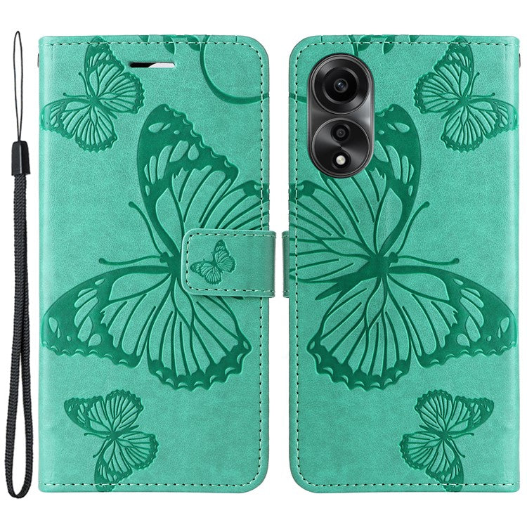 KT Imprinting Flower Series-2 Leather Case for Oppo A78 4G , Wallet Stand Imprinted Butterfly Phone Cover - Green