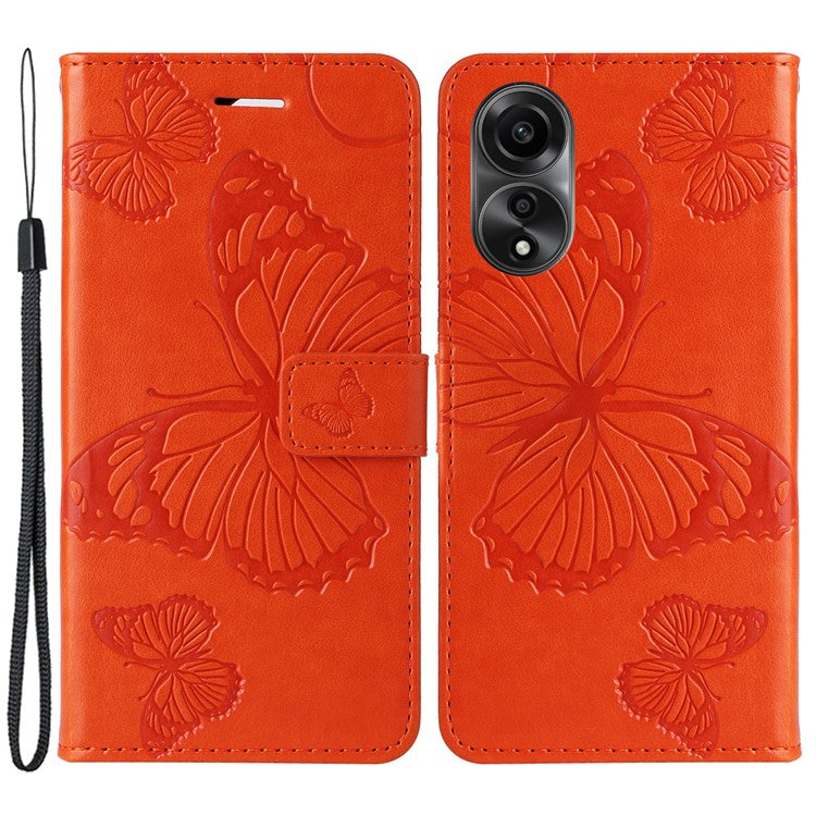 KT Imprinting Flower Series-2 Leather Case for Oppo A78 4G , Wallet Stand Imprinted Butterfly Phone Cover - Orange