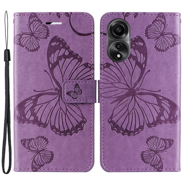 KT Imprinting Flower Series-2 Leather Case for Oppo A78 4G , Wallet Stand Imprinted Butterfly Phone Cover - Purple