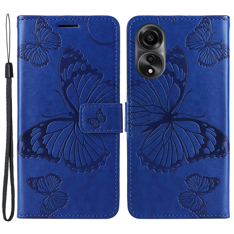 KT Imprinting Flower Series-2 Leather Case for Oppo A78 4G , Wallet Stand Imprinted Butterfly Phone Cover - Blue