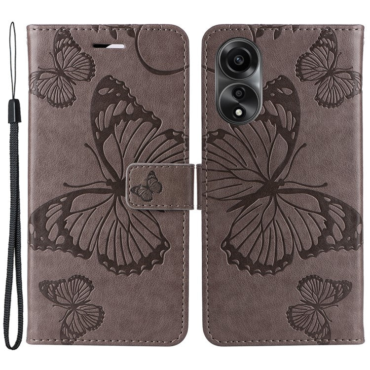 KT Imprinting Flower Series-2 Leather Case for Oppo A78 4G , Wallet Stand Imprinted Butterfly Phone Cover - Grey