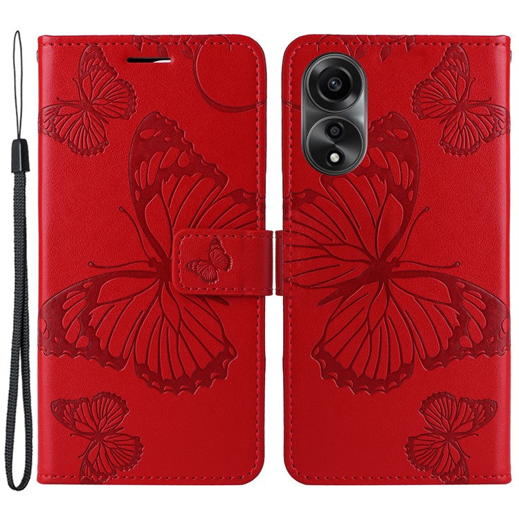 KT Imprinting Flower Series-2 Leather Case for Oppo A78 4G , Wallet Stand Imprinted Butterfly Phone Cover - Red