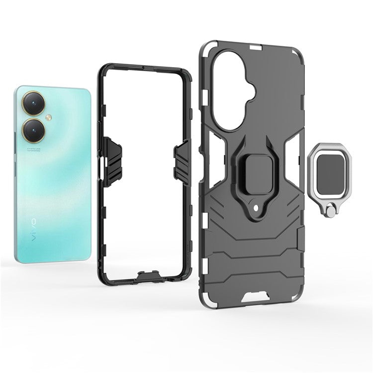 Protective Case for vivo V27 4G / Y35+ 5G , Bump Proof TPU+PC Ring Holder Kickstand Phone Cover - Black