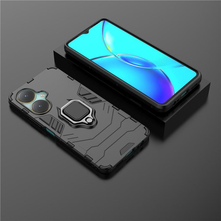 Protective Case for vivo V27 4G / Y35+ 5G , Bump Proof TPU+PC Ring Holder Kickstand Phone Cover - Black