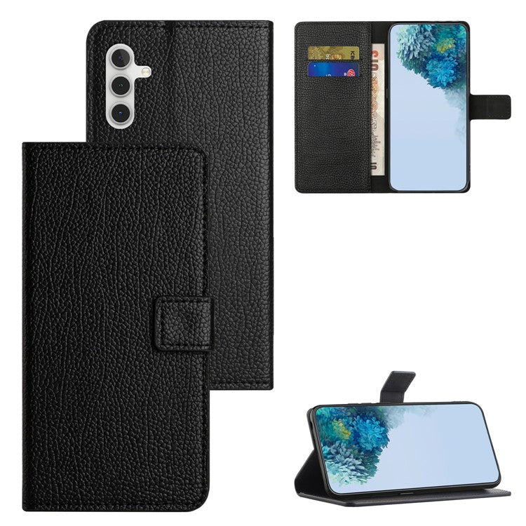 For Samsung Galaxy A15 5G Case Litchi Texture Leather Phone Cover with Wallet - Black