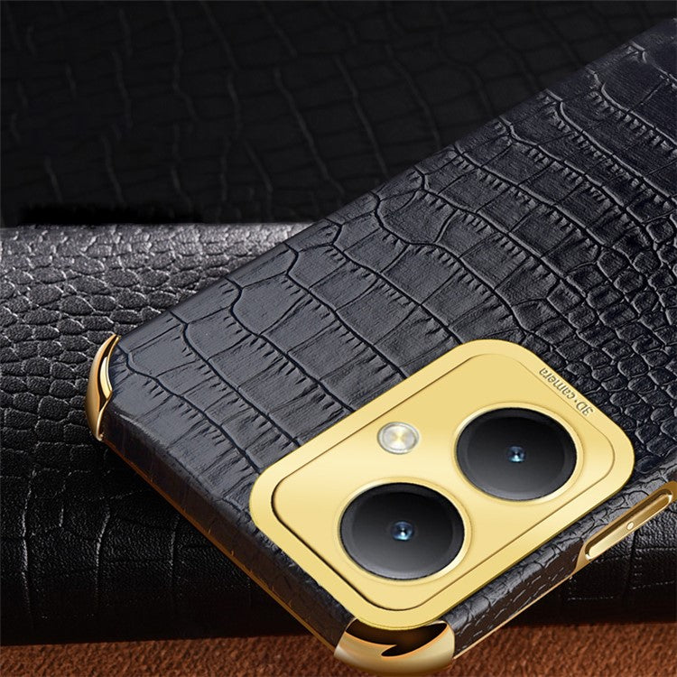 For vivo Y35+ 5G Case Electroplated Crocodile Texture Leather+TPU Phone Protector - Black