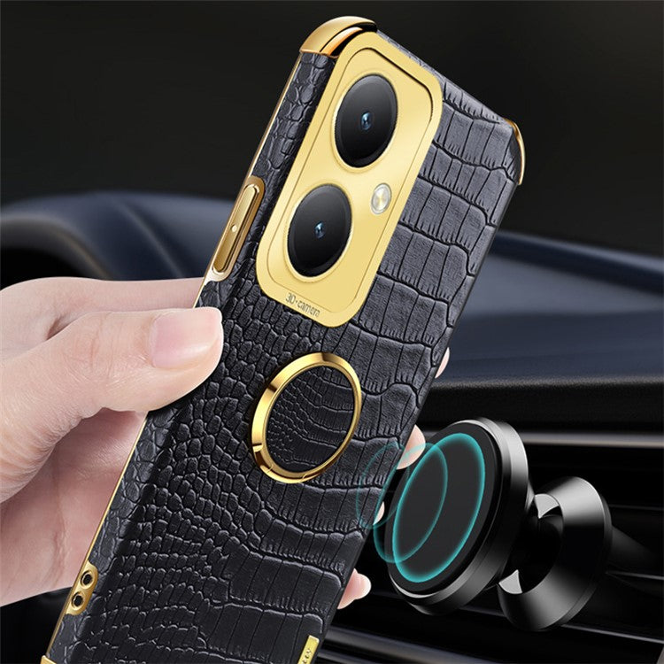 For vivo Y35+ 5G Case Ring Kickstand Crocodile Texture Anti-drop Leather+TPU Phone Cover - Green