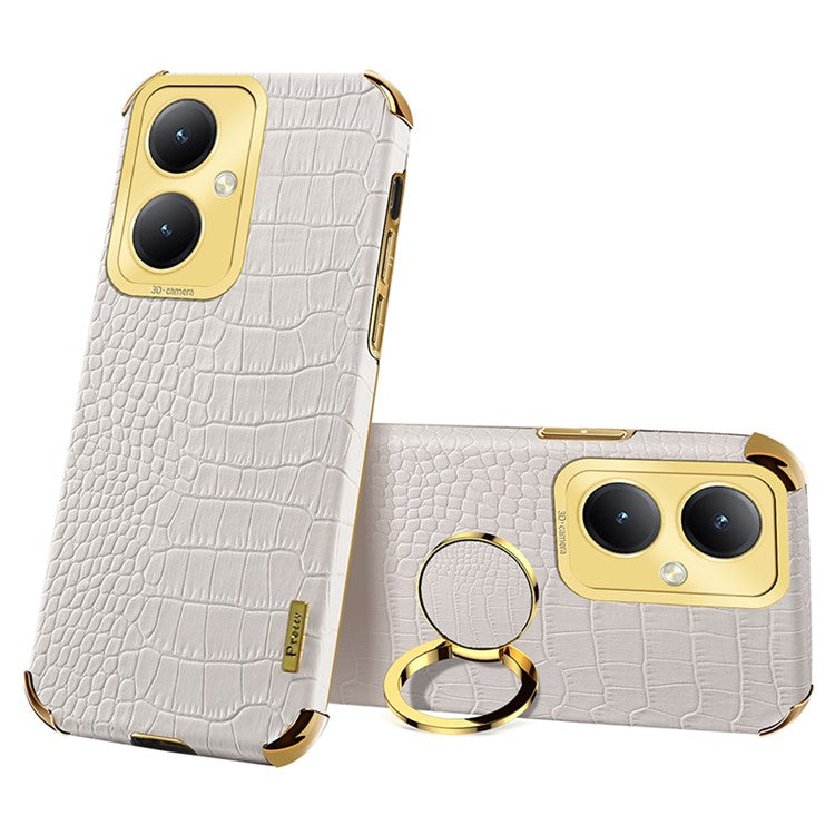 For vivo Y35+ 5G Case Ring Kickstand Crocodile Texture Anti-drop Leather+TPU Phone Cover - White