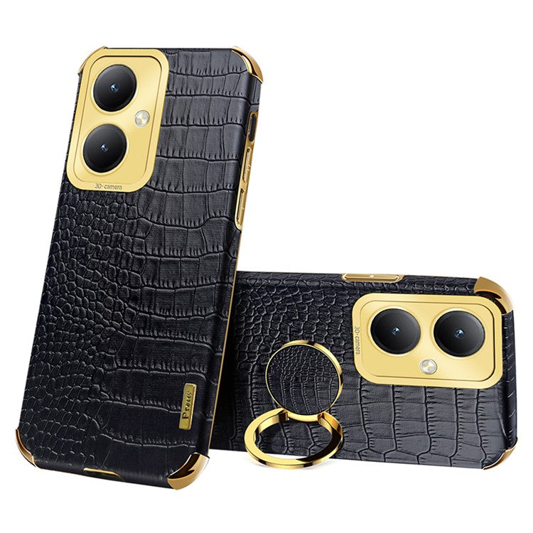 For vivo Y35+ 5G Case Ring Kickstand Crocodile Texture Anti-drop Leather+TPU Phone Cover - Black