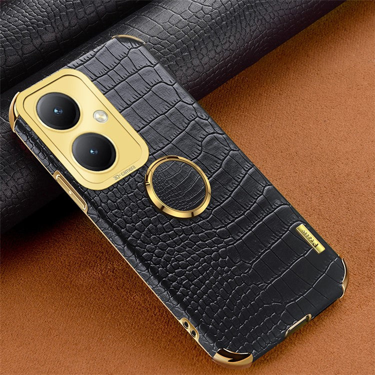 For vivo Y35+ 5G Case Ring Kickstand Crocodile Texture Anti-drop Leather+TPU Phone Cover - Black