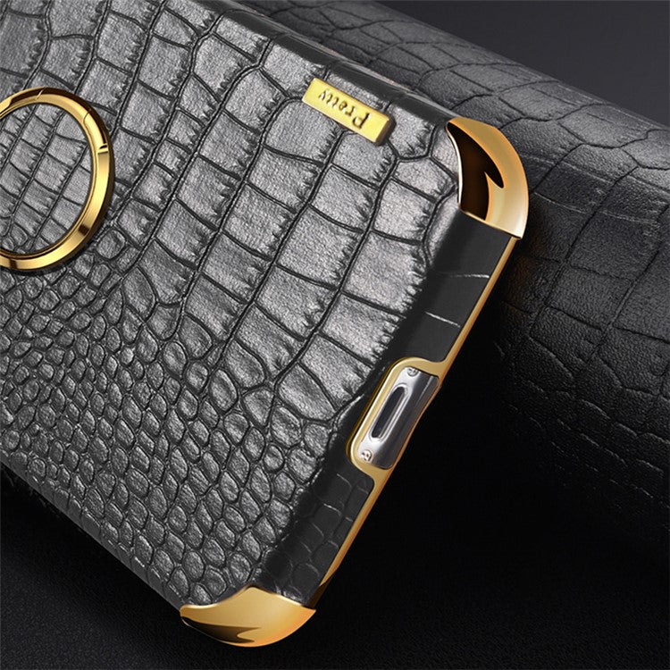 For vivo Y35+ 5G Case Ring Kickstand Crocodile Texture Anti-drop Leather+TPU Phone Cover - Black