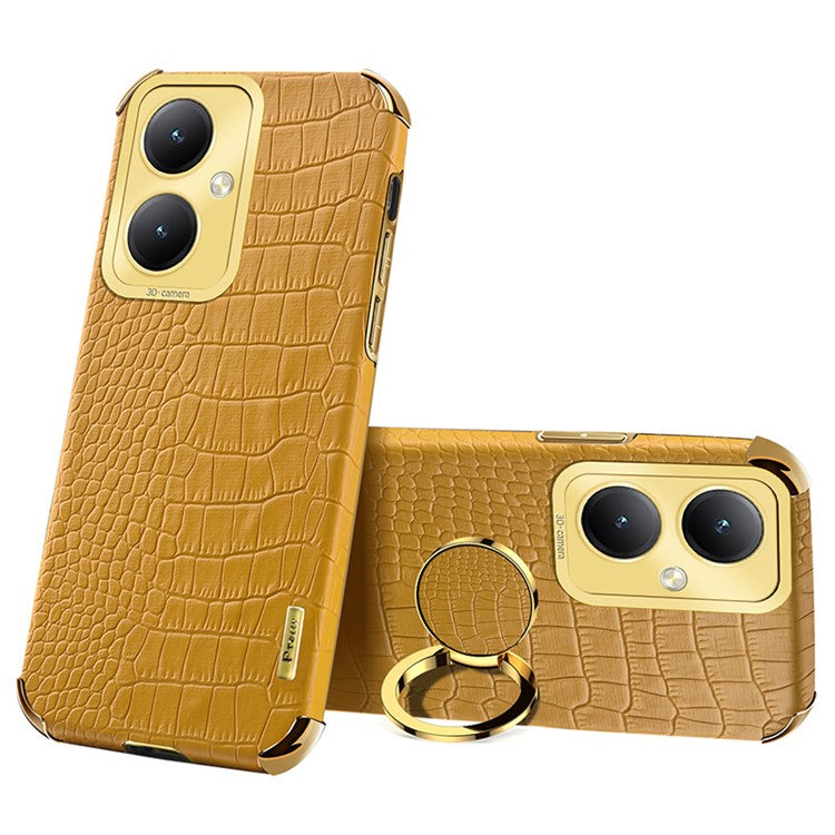 For vivo Y35+ 5G Case Ring Kickstand Crocodile Texture Anti-drop Leather+TPU Phone Cover - Yellow