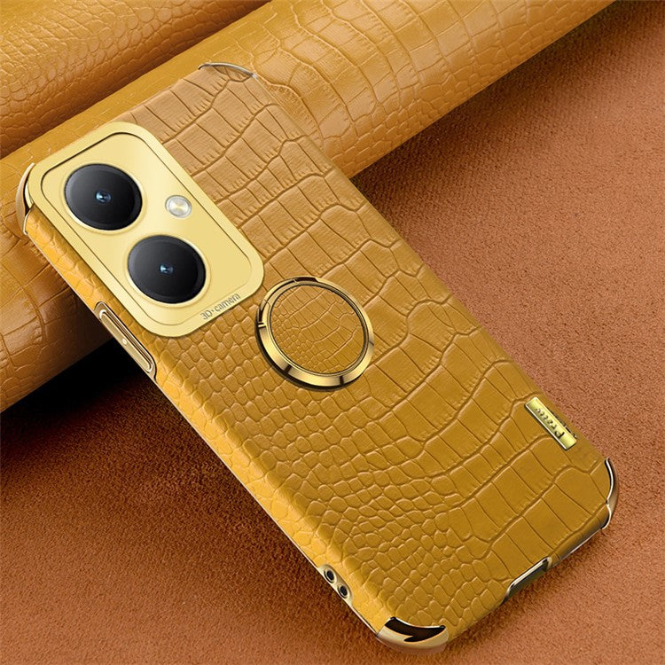 For vivo Y35+ 5G Case Ring Kickstand Crocodile Texture Anti-drop Leather+TPU Phone Cover - Yellow