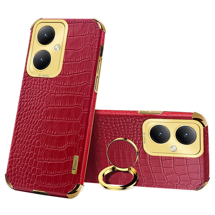 For vivo Y35+ 5G Case Ring Kickstand Crocodile Texture Anti-drop Leather+TPU Phone Cover - Red